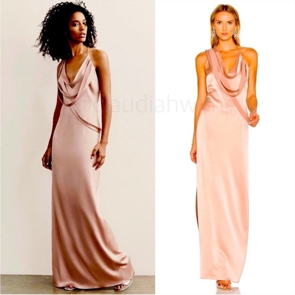 Halston Heritage Slip Gown Almond Pink Draped Deep V Open Back Black Tie Wedding - Picture 3 of 10